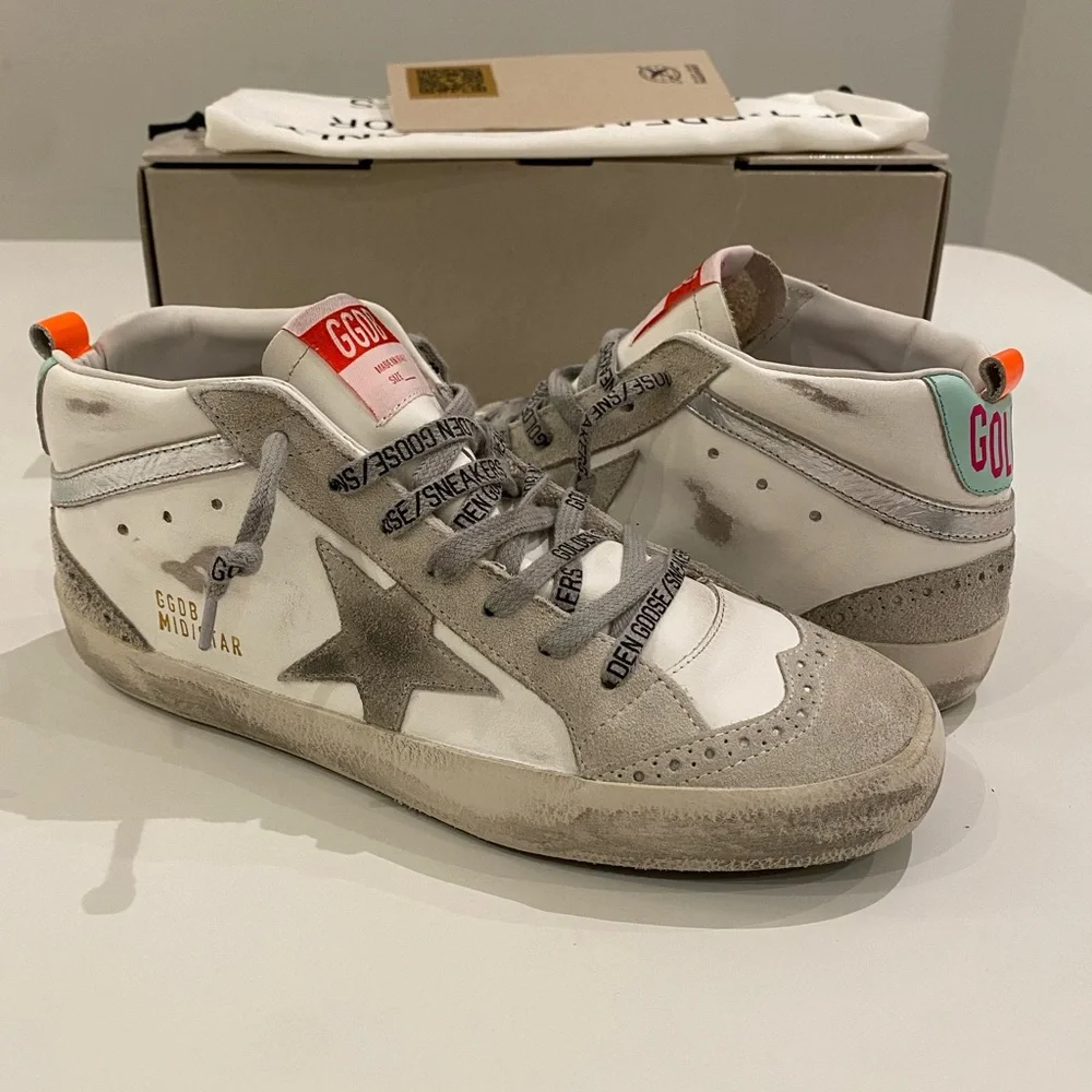 Golden Goose Mid Star Sneaker in White/Ice/Turquoise sz 38 New in Box - Picture 12 of 14